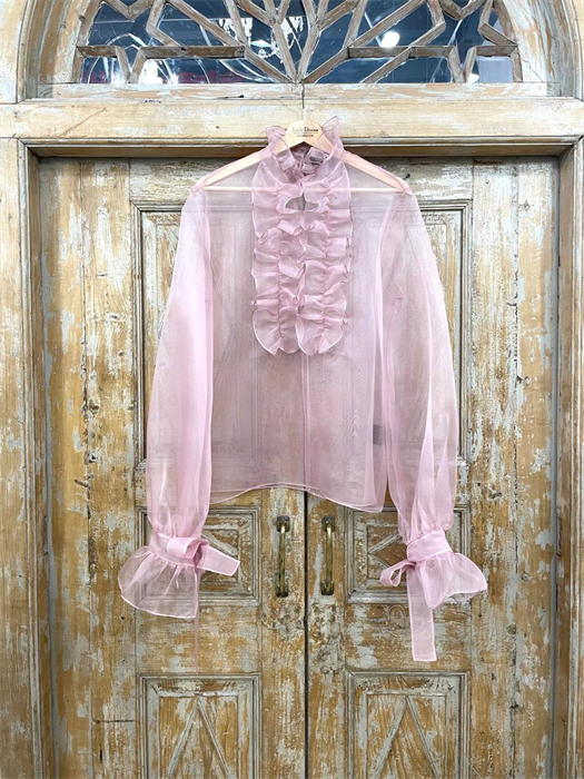 БЛУЗКА (ОРГАНЗА, пышные рукава на завязках с рюшами, воротник-стойка с рюшами и жабо до талии) - фото 34815