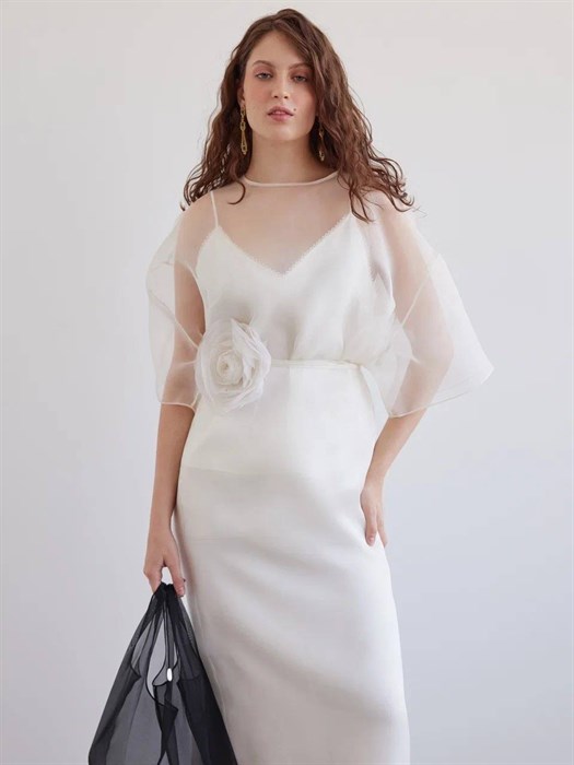 БЛУЗКА из органзы, минималистичная, с коротким рукавом, с круглым вырезом, оверсайз (IVORY) - фото 37580