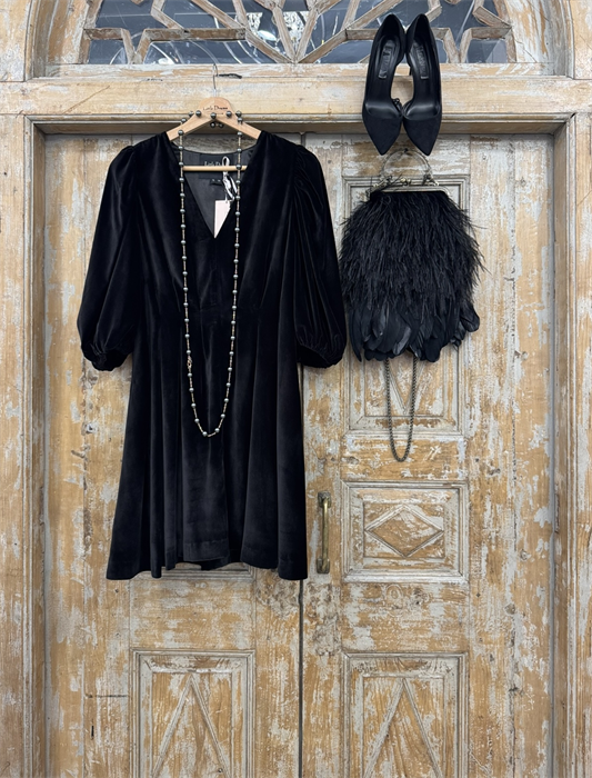 ПЛАТЬЕ мини с V-вырезом, рукавами буфами, складками по талии (из бархата Elle Saab) - фото 38283