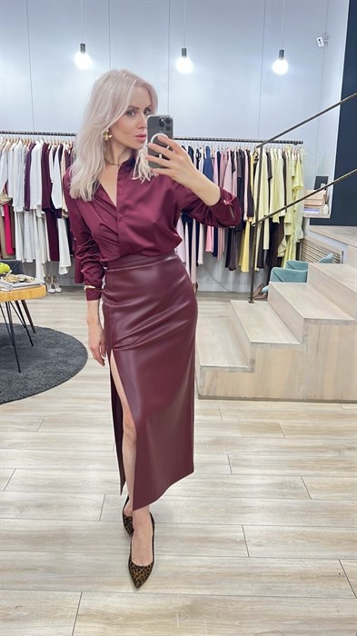 ЮБКА карандаш миди с разрезом (из ЭКО-кожи на замше, МАРСАЛА) - фото 38349