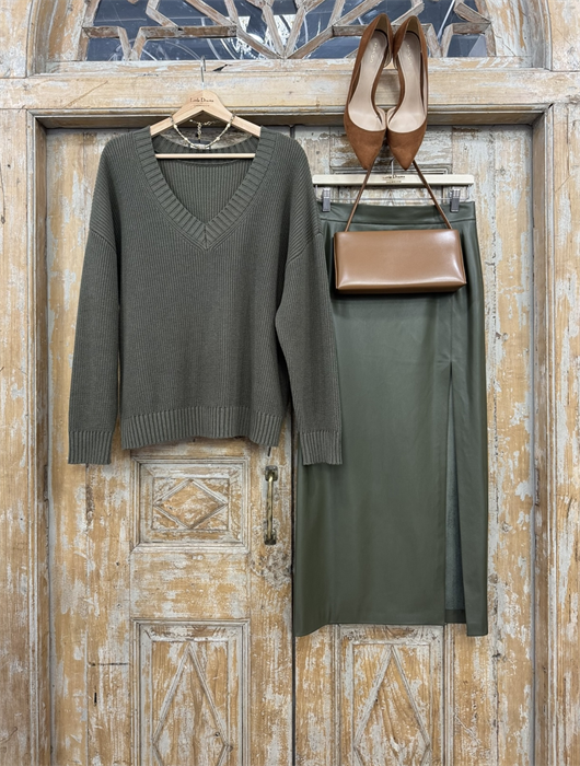 ЮБКА карандаш миди с разрезом (из ЭКО-кожи на замше, ОЛИВА) - фото 38473