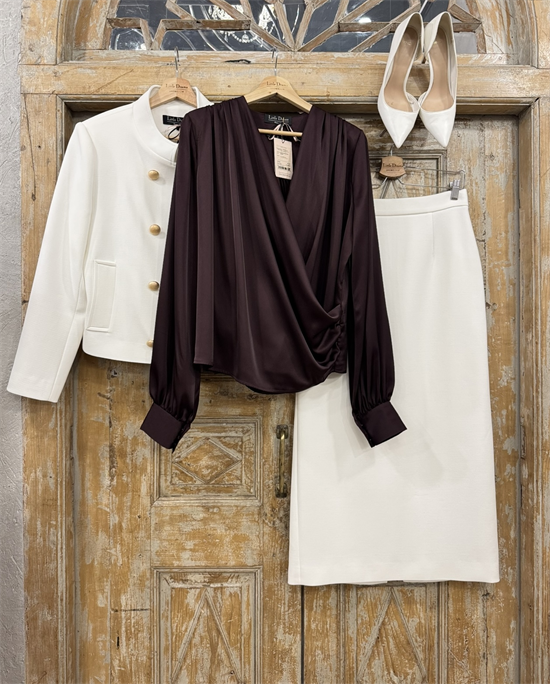 БЛУЗКА на запАхе с мягкой драпировкой, с манжетами (из атласа ARMANI), ИНЖИР - фото 38702