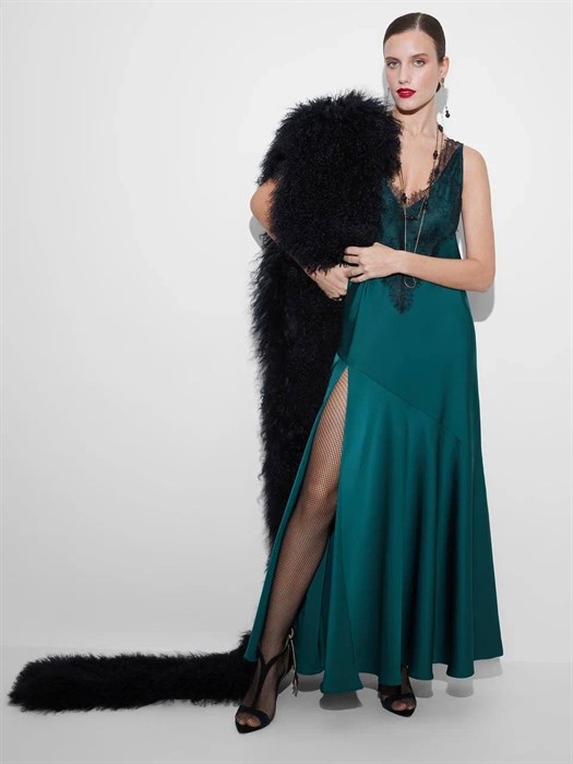 ПЛАТЬЕ-комбинация будуарное атласное по косой, с воланом и кружевом  Шантильи (из атласа TW) - фото 39138