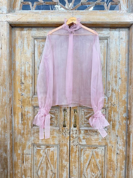 БЛУЗКА (ОРГАНЗА, пышные рукава, воротник-стойка с рюшами,  РОЗА АНТИК) - фото 39621
