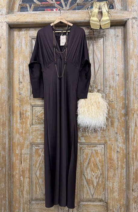 ПЛАТЬЕ (D-100) с драпировкой, подрезом на запАхе, цельнокроенными рукавами и двойной юбкой по косой (из премиум-атласа),  ШОКОЛАД - фото 39689