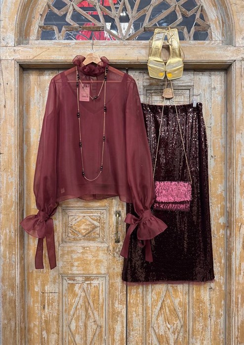 ЮБКА миди КАРАНДАШ-РЮМОЧКА с разрезом спереди (из БОРДО пайеток) - фото 40005