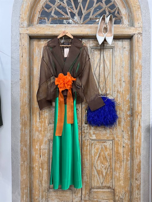 ПЛАТЬЕ-комбинация с подрезом  и двойными бретельками-спагетти, по косой (из атласа), длинное - фото 40500