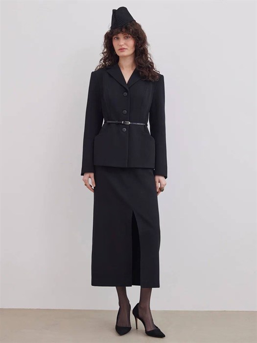 ЮБКА "МАРЛЕН" миди КАРАНДАШ-РЮМОЧКА с разрезом спереди (из плотной премиум шерсти в рубчик) - фото 40711