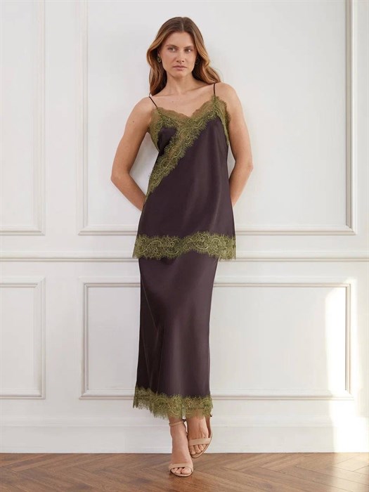 ЮБКА атласная  с кружевом однослойная по косой D-92 (из премиум-атласа), ШОКОЛАД с зеленым - фото 41512