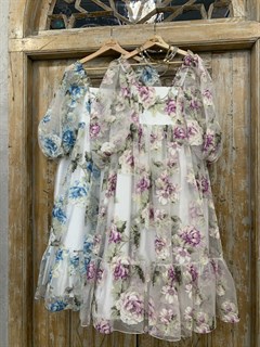ПЛАТЬЕ "ОБЛАКО" миди с рукавами-буфами, пышной юбкой с оборками, из шелковой органзы в цветы - фото 11798