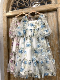 ПЛАТЬЕ "ОБЛАКО" миди с рукавами-буфами, пышной юбкой с оборками, из шелковой органзы в цветы - фото 11805