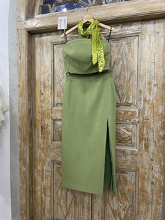 ЮБКА карандаш миди с разрезом (из премиум костюмной шерсти в зеленом меланже) - фото 26520