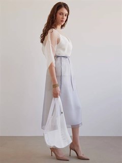БЛУЗКА из органзы, минималистичная, с коротким рукавом, с круглым вырезом, оверсайз (IVORY) - фото 37570