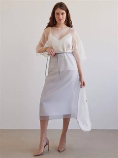БЛУЗКА из органзы, минималистичная, с коротким рукавом, с круглым вырезом, оверсайз (IVORY) - фото 37571