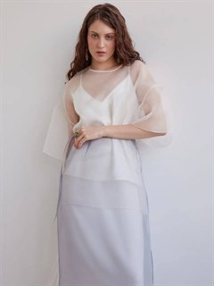 БЛУЗКА из органзы, минималистичная, с коротким рукавом, с круглым вырезом, оверсайз (IVORY) - фото 37574