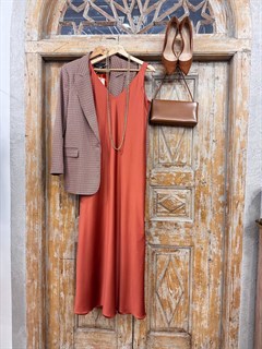 ПЛАТЬЕ КОМБИНАЦИЯ приталенное (D-100, двустороннее, двойное, на широких бретелях, из мягкого атласа), ТЕРРАКОТ - фото 37970