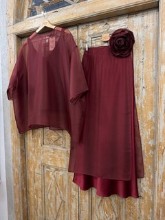 БЛУЗКА из органзы, минималистичная, с коротким рукавом, с круглым вырезом, оверсайз (БОРДО) - фото 38232