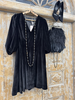 ПЛАТЬЕ мини с V-вырезом, рукавами буфами, складками по талии (из бархата Elle Saab) - фото 38284