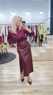 ЮБКА карандаш миди с разрезом (из ЭКО-кожи на замше, МАРСАЛА) - фото 38353