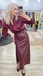 ЮБКА карандаш миди с разрезом (из ЭКО-кожи на замше, МАРСАЛА) - фото 38355