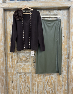 ЮБКА карандаш миди с разрезом (из ЭКО-кожи на замше, ОЛИВА) - фото 38477