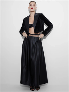 ЮБКА-трапеция МИДИ с защипами на талии (из плотного атласа, ЧЕРНАЯ) - фото 38895