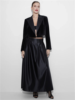 ЮБКА-трапеция МИДИ с защипами на талии (из плотного атласа, ЧЕРНАЯ) - фото 38896