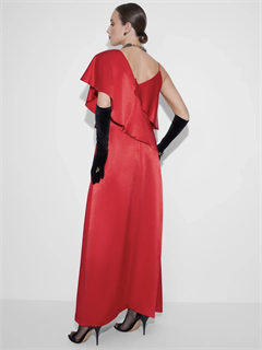 ПЛАТЬЕ коктейльное асимметричное с воланом  и тонкой бретелькой (из атласа-кади MERIES) - фото 38908