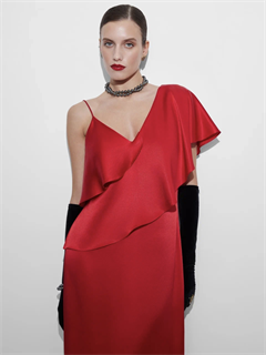 ПЛАТЬЕ коктейльное асимметричное с воланом  и тонкой бретелькой (из атласа-кади MERIES) - фото 38910