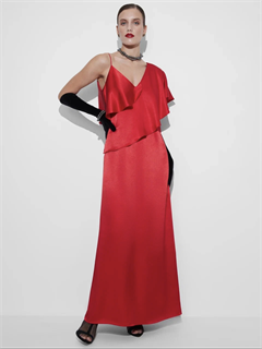 ПЛАТЬЕ коктейльное асимметричное с воланом  и тонкой бретелькой (из атласа-кади MERIES)