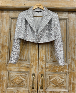 ЖАКЕТ-БОЛЕРО с острыми лацканами, двубортный, приталенный (из серебристых пайеток) - фото 39014