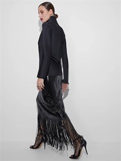 БЛУЗКА с воротником ХОМУТ, по косой, из плотного черного атласа TW - фото 39204