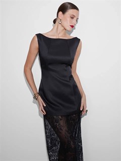 БЛУЗКА "МАЙЯ" силуэтная удлиненная, без рукавов, приталенная, с вырезом "Лодочка" (из дабл-дюшеса, ЧЕРНАЯ) - фото 39264