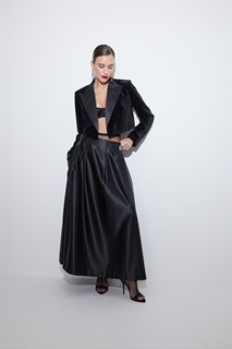 ЮБКА-трапеция МИДИ с защипами на талии (из плотного атласа, ЧЕРНАЯ) - фото 39339