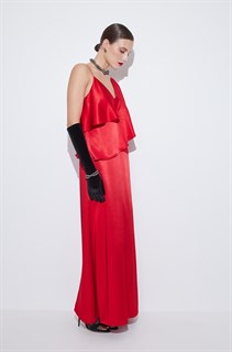 ПЛАТЬЕ коктейльное асимметричное с воланом  и тонкой бретелькой (из атласа-кади MERIES) - фото 39362