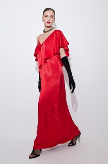 ПЛАТЬЕ коктейльное асимметричное с воланом  и тонкой бретелькой (из атласа-кади MERIES) - фото 39363