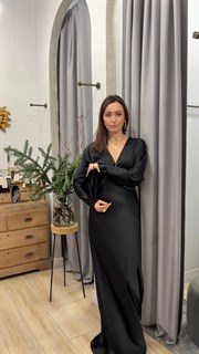 ПЛАТЬЕ (D-100) с драпировкой, подрезом на запАхе, цельнокроенными рукавами и двойной юбкой по косой (из премиум-атласа),  ЧЕРНЫЙ - фото 40137