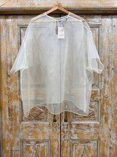 БЛУЗКА из органзы "АУРА", минималистичная, с коротким рукавом, с круглым вырезом, оверсайз (АЙВОРИ) - фото 40149