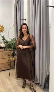 ПЛАТЬЕ-ЧЕХОЛ из органзы, минималистично, с круглым вырезом, оверсайз (ШОКОЛАД) - фото 40159