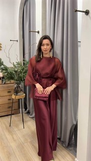 БЛУЗКА из органзы "АУРА", минималистичная, с коротким рукавом, с круглым вырезом, оверсайз (БОРДО) - фото 40166