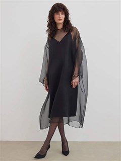 ПЛАТЬЕ-ЧЕХОЛ "АУРА" из органзы, минималистичное, с круглым вырезом, оверсайз (ЧЕРНЫЙ)