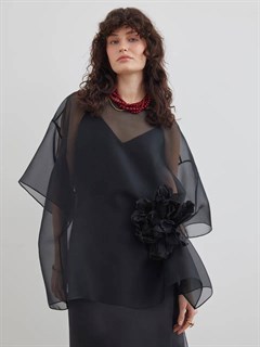 БЛУЗКА из органзы "АУРА", минималистичная, с коротким рукавом, с круглым вырезом, оверсайз (ЧЕРНЫЙ) - фото 40662