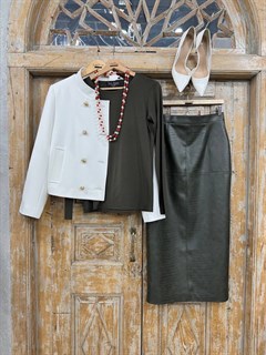 ЮБКА-карандаш с отстрочкой крестом (зауженная, высокая шлица, из ЭКО-кожи "КРОКОДИЛ", D-90), ЗЕЛЕНЫЙ - фото 41333