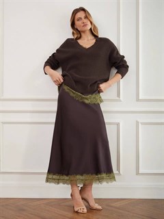 ЮБКА атласная  с кружевом однослойная по косой D-92 (из премиум-атласа), ШОКОЛАД с зеленым - фото 41506