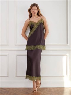 ЮБКА атласная  с кружевом однослойная по косой D-92 (из премиум-атласа), ШОКОЛАД с зеленым - фото 41512