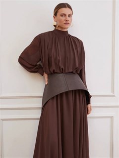 ПЛАТЬЕ c драпировкой на плечах и юбкой-солнце, многослойное, из шифона (ШОКОЛАД) - фото 41722